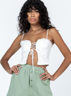Front view of model wearing  front Princess Polly Sleeveless Sweetheart  Marloe Top White