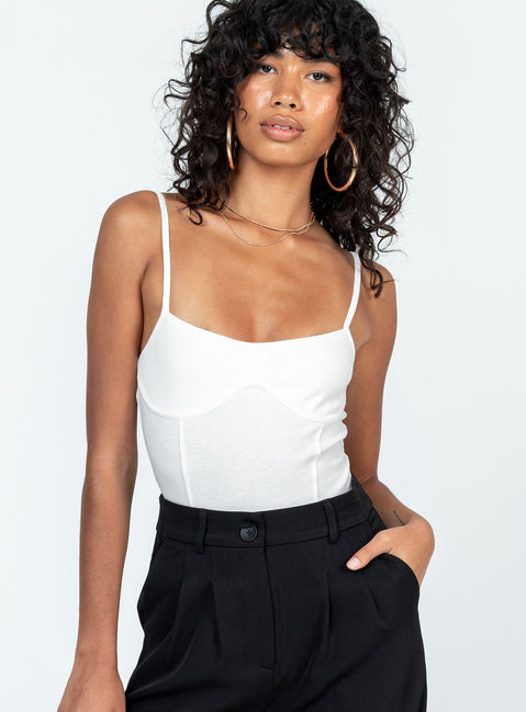 front view of model wearing Princess Polly Allred Bodysuit White Sleeveless Square Neck 