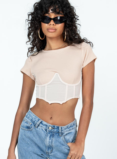 Front view of model wearing  front Princess Polly Short Sleeves Sweetheart  Not Your Baby Corset Cream