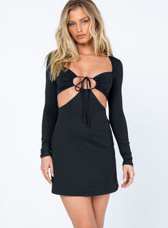 front view of model wearing Princess Polly Molley Long Sleeve Mini Dress Black 