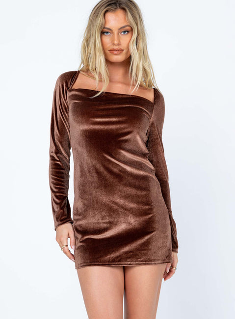 front view of model wearing Princess Polly Star Power Velvet Mini Dress Brown 