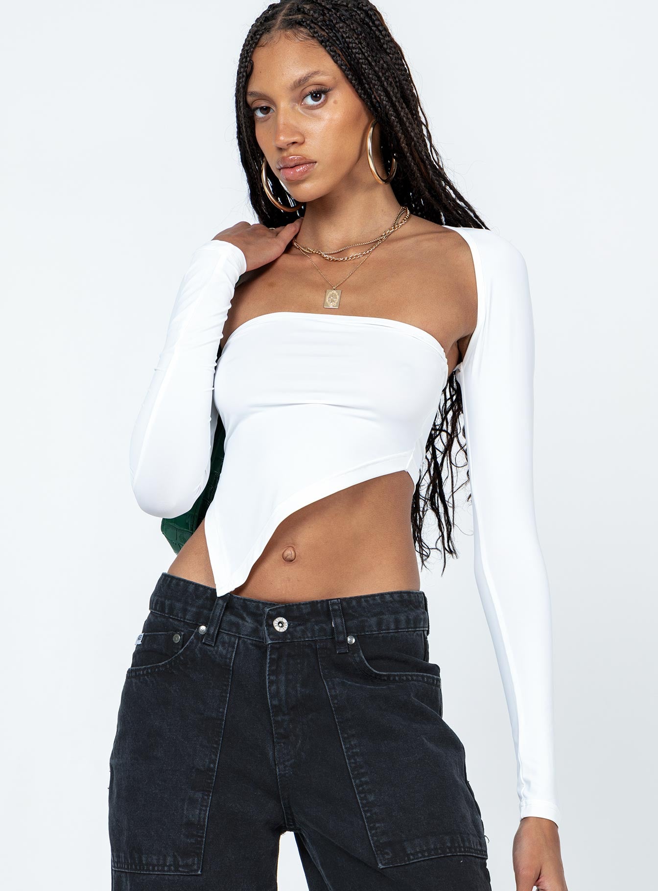 Front view of model wearing  front Princess Polly Sleeveless Square Neck  Koslo Bolero Top White