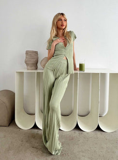 Two piece set Knit material Short sleeve top Front button fastening Classic collar Plunging neckline Wide leg pants Elasticated waistband