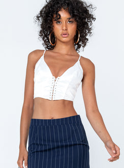 front view of model wearing Princess Polly Ashbourne Top White Sleeveless Plunger 