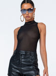 front view of model wearing Princess Polly Como Bodysuit Black Sleeveless High Neck 