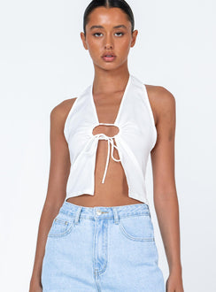 front view of model wearing Princess Polly Gilroy Top White Sleeveless Plunger 