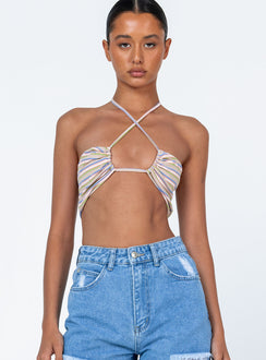 front view of model wearing Princess Polly Zoie Top Beige Stripe Sleeveless Plunger 