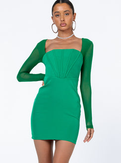 front view of model wearing Princess Polly Austin Long Sleeve Mini Dress Green Square Neck 