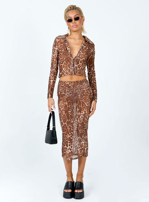  front view of model wearing Princess Polly Anything For Love Midi Skirt Leopard 