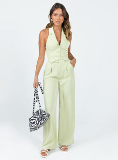 Green matching set High waisted pants  Zip & button fastening  Elasticated back band  Belt looped waist  Twin hip pockets Wide leg  Vest top  Lapel collar  Button front fastening 