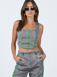 Front view of model wearing  front Princess Polly Sleeveless Square Neck  Elfrida Top Grey