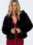 Jacket Faux fur material Single hook & eye fastening Non-stretch Satin lined