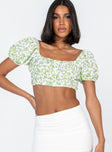 front view of model wearing Princess Polly Paddington Top Green Short Sleeves Square Neck 