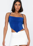 front view of model wearing Princess Polly Julia Plisse Top Blue Sleeveless Square Neck 