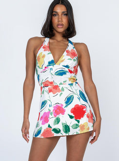front view of model wearing Princess Polly Elaine Mini Dress White Floral V-Neck 