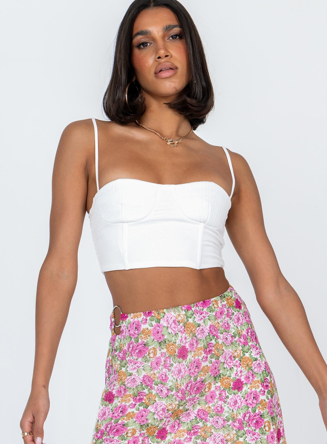 front view of model wearing Princess Polly Doreen Top White Sleeveless Sweetheart 