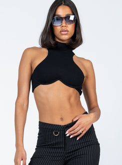 front view of model wearing Princess Polly Cadence Top Black Sleeveless High Neck 