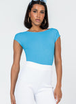 front view of model wearing Princess Polly Shila Bodysuit Blue Short Sleeves Boat Neck 