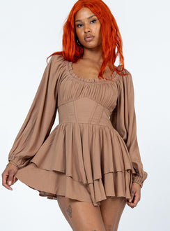 Romper Elasticated neckline  Boning through waist Shirred waistband at back  Layered skirt 