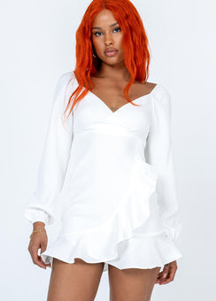 Front view of model wearing  front Princess Polly V-Neck  Josephina Mini Dress White