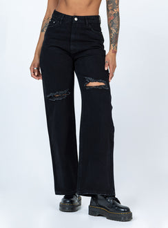 side view of model wearing Princess Polly Lugano Denim Jeans Black High Waisted 