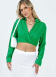 Front view of model wearing  front Princess Polly Full Sleeves Square Neck  Covern Top Green