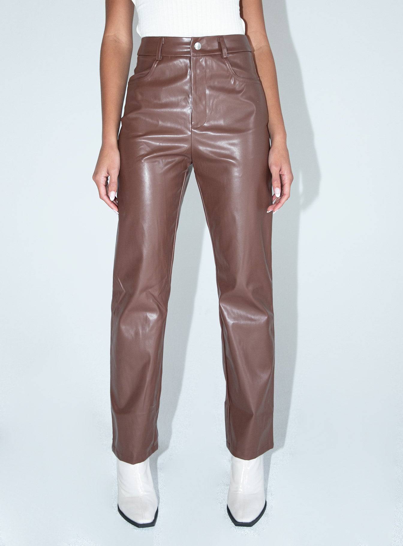 side view of model wearing Princess Polly Love Lies Pants Brown 