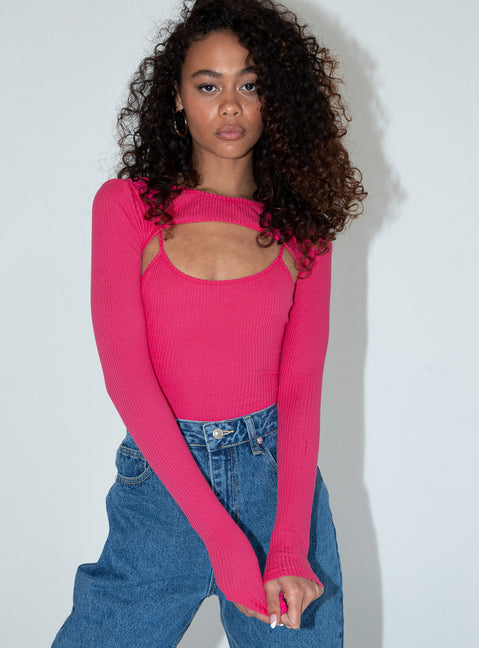 side view of model wearing Princess Polly Calla Long Sleeve Bodysuit Pink Full Sleeves Crew Neck 