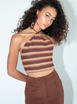 side view of model wearing Princess Polly Motel Groci Top Multi Stripe Brown 