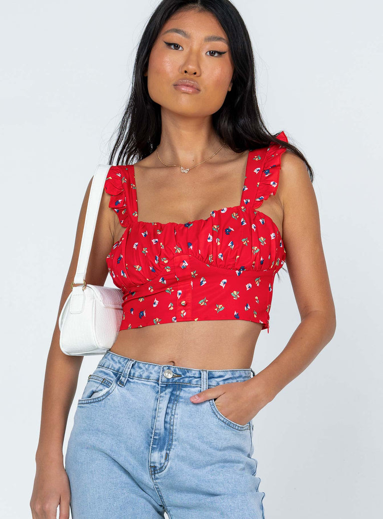 Crop top Princess Polly exclusive 100% polyester  Silky material  Floral print  Frill sleeves  Gathered bust  Faux buttons  Invisible zip fastening at side