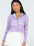 front view of model wearing Princess Polly Elody Long Sleeve Top Purple Multi 