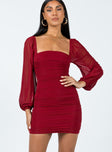 Front view of model wearing  front Princess Polly Square Neck  Tara Long Sleeve Mini Dress Burgundy