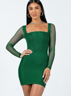 Front view of model wearing  front Princess Polly Square Neck  Ambleside Long Sleeve Mini Dress Green