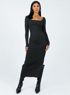 Front view of model wearing  front Princess Polly High Neck  Burlington Long Sleeve Maxi Dress Black