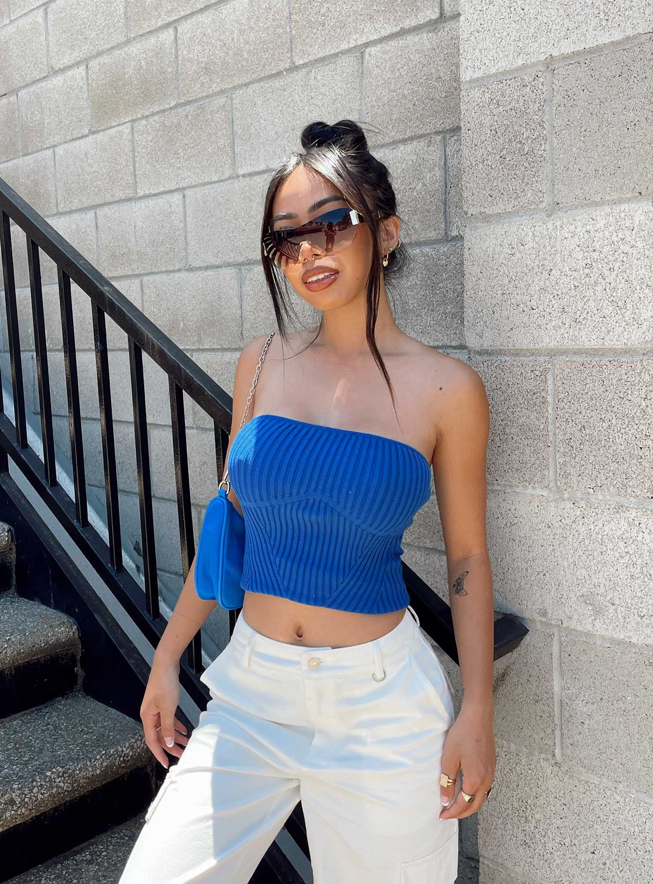 front view of model wearing Princess Polly Royce Strapless Top Blue Sleeveless 