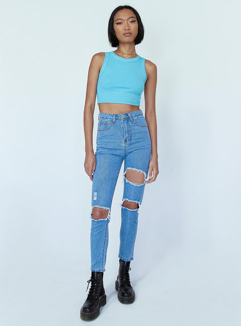front view of model wearing Princess Polly Lilla Distressed Straight Leg Denim Jeans High Waisted 