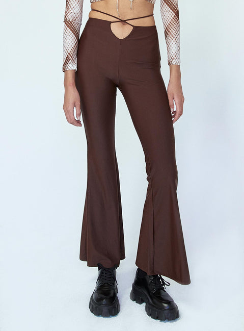 front view of model wearing Princess Polly Cooper Tie Waist Pants Brown 
