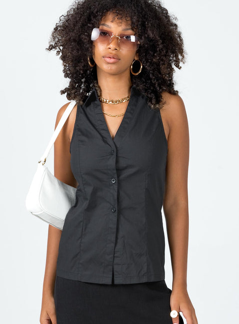 Front view of model wearing  front Princess Polly Sleeveless V-Neck  Kamdyn Top Black