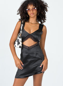 front view of model wearing Princess Polly Keeley Lace Satin Dress Black V-Neck 