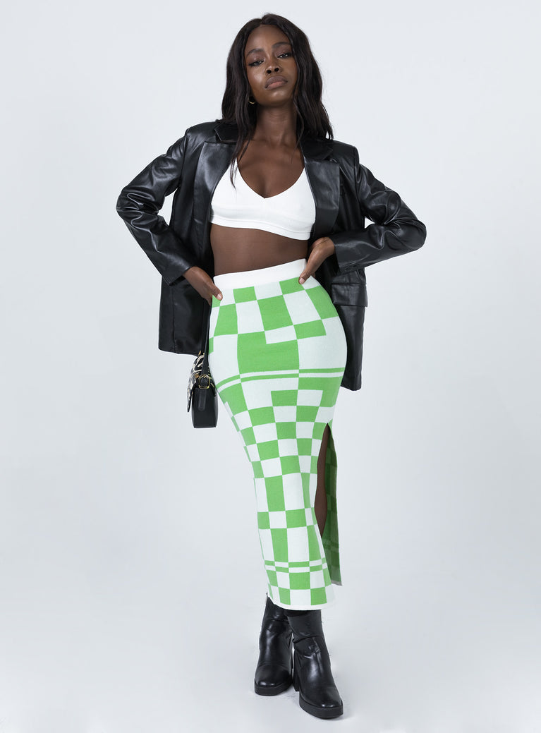   front view of model wearing Princess Polly Whitemore Checkboard Midi Skirt Green 