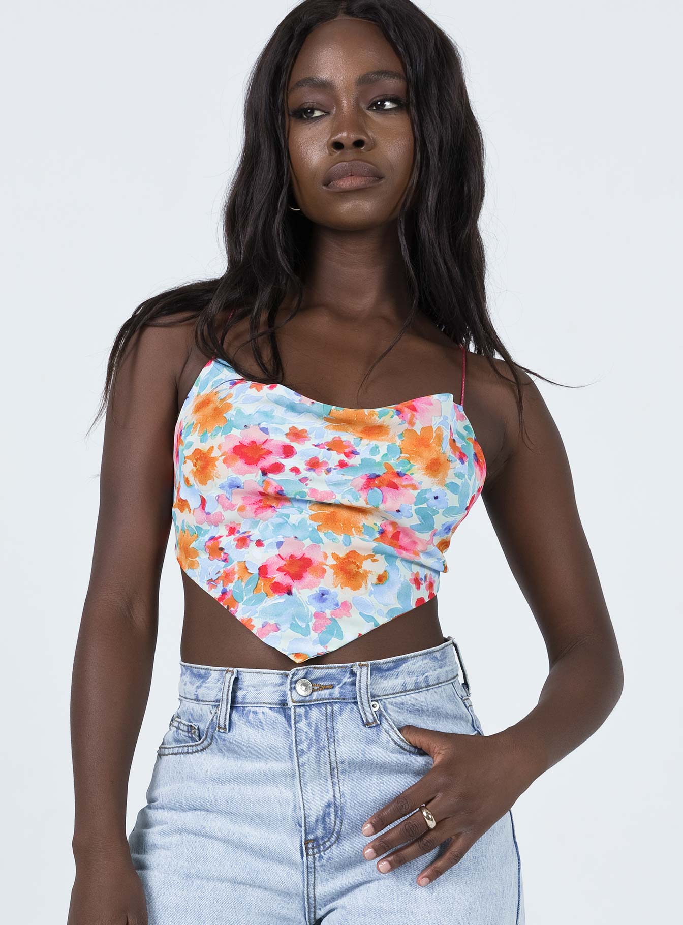 front view of model wearing Princess Polly Selby Top Blue Floral 