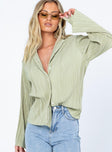 front view of model wearing Princess Polly Louie Pleated Shirt Sage Full Sleeves V-Neck 