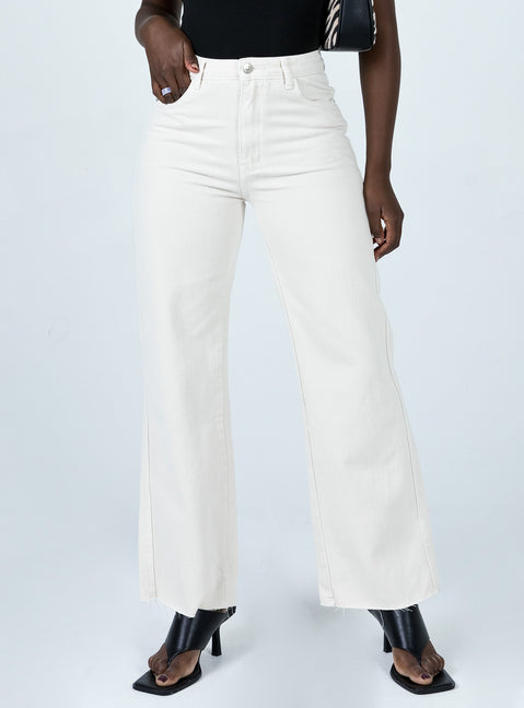 front view of model wearing Princess Polly Mamaia Straight Leg Denim Jeans Cream Low Rise Jeans 