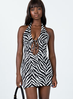 front view of model wearing Princess Polly Callan Mini Dress Zebra 