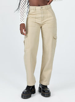 Front view of model wearing  front Princess Polly  Adelaide Cargo Jeans Stone