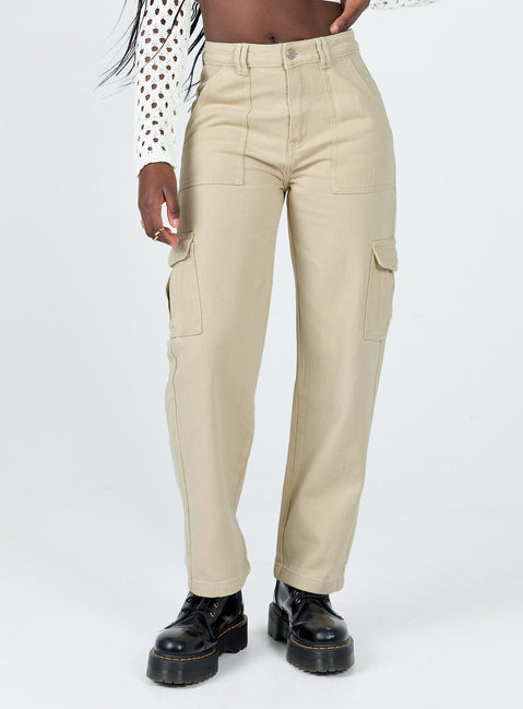 Front view of model wearing  front Princess Polly  Adelaide Cargo Jeans Stone