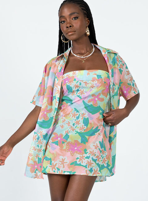 Matching set Floral print Short sleeve shirt Classic collar Button fastening at front Strapless mini dress Inner silicone strip Elasticated band at back Invisible zip fastening at side