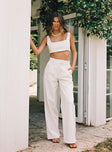 Matching set Linen material Crop top Fixed straps Invisible zip fasting at side High waisted pants Wide relaxed leg Belt loops at waist