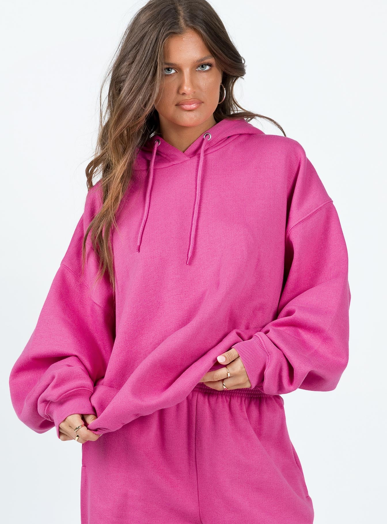 front view of model wearing Princess Polly Ritu Oversized Hoodie Pink 