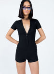 Black romper Ribbed material  Cap sleeves  Button front fastening 